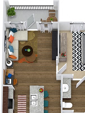 The Bryant 3D The Bryant 3D. 1 bedroom apartment. Kitchen with island open to living room. 1 full bathroom. Walk-in closet. Patio/balcony.